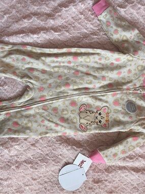 Cream and Pink Leopard Print Baby Footie with Bunny Applique